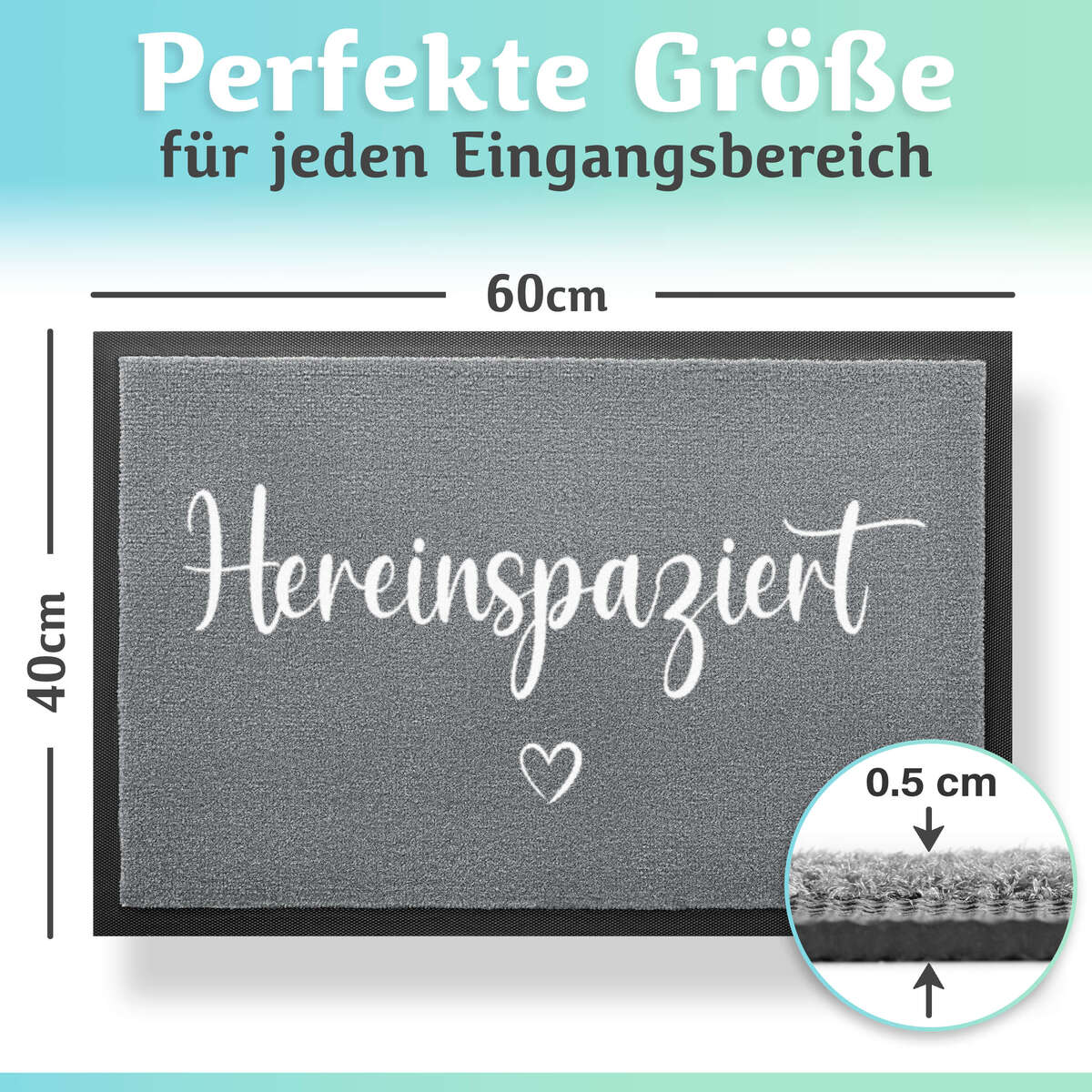 Frontalansicht der 40x60cm Bodenständig Fußmatte mit Hereinspaziert Schriftzug. Die Fußmatte ist 0,5cm hoch – perfekt für den Eingangsbereich