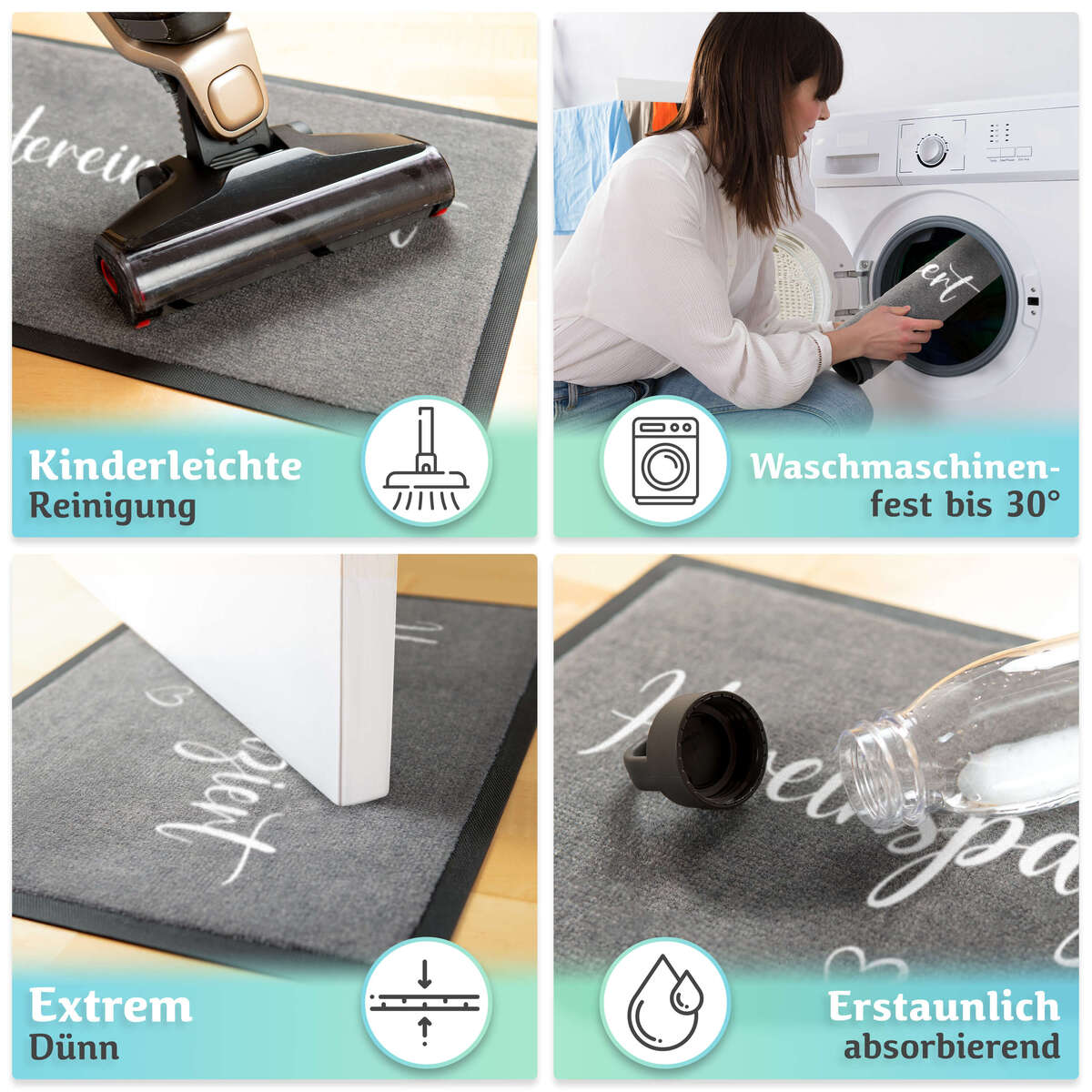Vier geteilte Ansicht: Die Fußmatte liegt im Innenbereich, eine Tür schwingt problemlos darüber. Sie absorbiert Wasser und ist waschmaschinenfest.