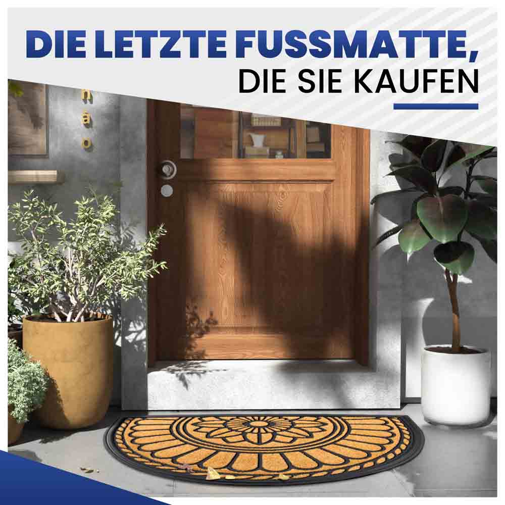 Langlebige, halbrunde Türmatte mit Blumenmuster in Beige vor einer modernen Holztür und dekorativen Pflanzen.