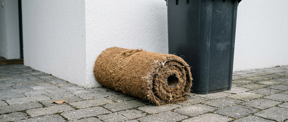 Eine alte, abgenutzte Kokosmatte liegt zusammengerollt auf Pflastersteinen neben einer grauen Mülltonne vor einer Hauswand bereit zur Entsorgung.