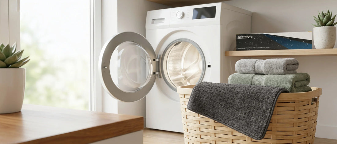 Weiße Waschmaschine mit geöffneter Tür in einer hellen Waschküche, daneben ein geflochtener Wäschekorb mit gefalteten Handtüchern und ein Bodenreinigungsprodukt auf dem Regal.