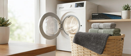 Weiße Waschmaschine mit geöffneter Tür in einer hellen Waschküche, daneben ein geflochtener Wäschekorb mit gefalteten Handtüchern und ein Bodenreinigungsprodukt auf dem Regal.