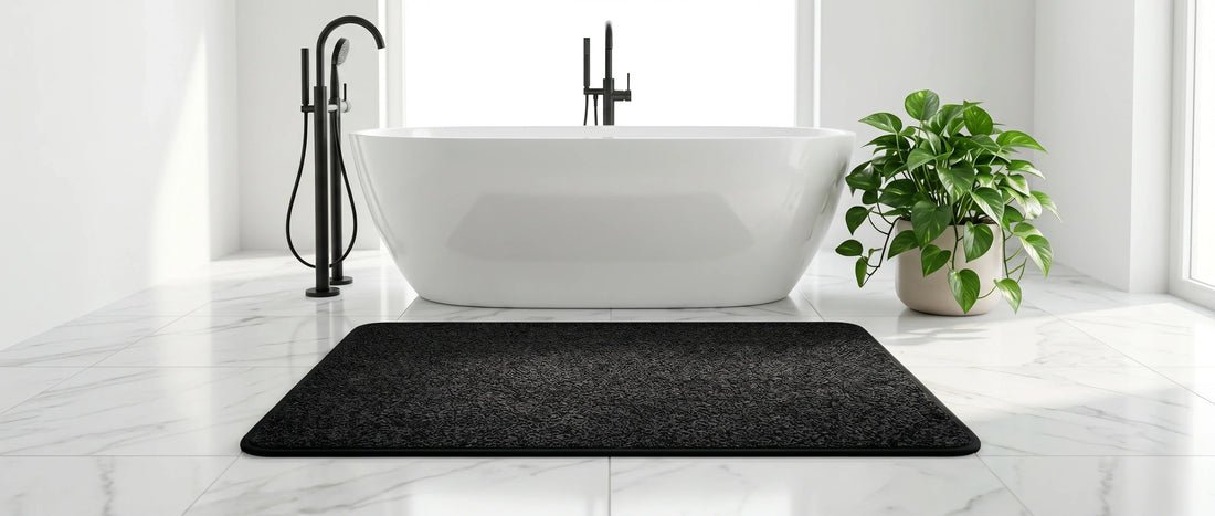 Schwarze Badematte vor einer freistehenden weißen Badewanne in einem modernen Badezimmer mit Marmorfliesen, schwarzen Armaturen und einer grünen Zimmerpflanze.