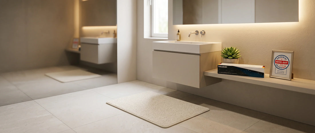Modernes, minimalistisches Badezimmer mit hellen Fliesen, schwebendem Waschbecken, indirekter Beleuchtung und einem Badematten-Produkt auf einer Ablage, ergänzt durch ein „Sehr Gut“-Dermatest-Siegel.