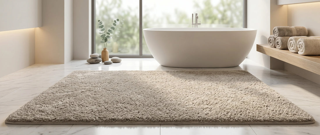 Flauschige beige Badematte im XXL-Format vor einer freistehenden Badewanne in einem hellen Luxus-Badezimmer mit Marmorfliesen und gerollten Handtüchern.