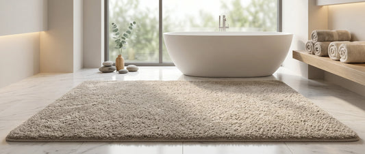 Flauschige beige Badematte im XXL-Format vor einer freistehenden Badewanne in einem hellen Luxus-Badezimmer mit Marmorfliesen und gerollten Handtüchern.