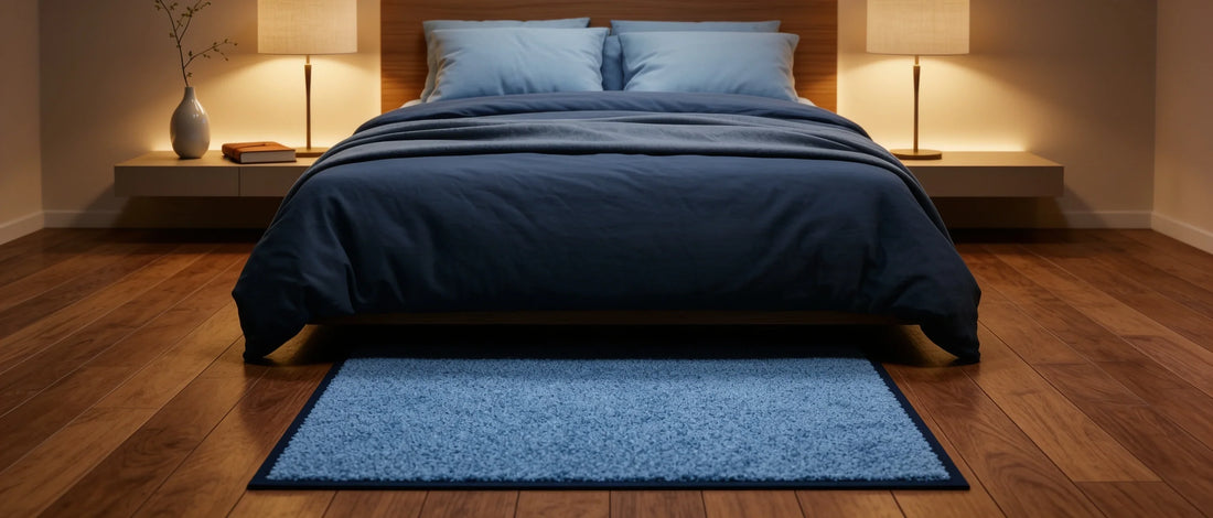 Hellblauer Schlafzimmerteppich auf dunklem Parkettboden vor einem modern gemachten Bett mit blauer Bettwäsche und gemütlicher Nachttischbeleuchtung.