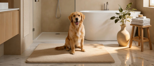 Ein Golden Retriever Hund sitzt zentral auf einer flauschigen, beigen Badematte. Die Szene spielt in einem modernen, hellen Badezimmer mit freistehender Badewanne, begehbarer Dusche und Holzelementen.