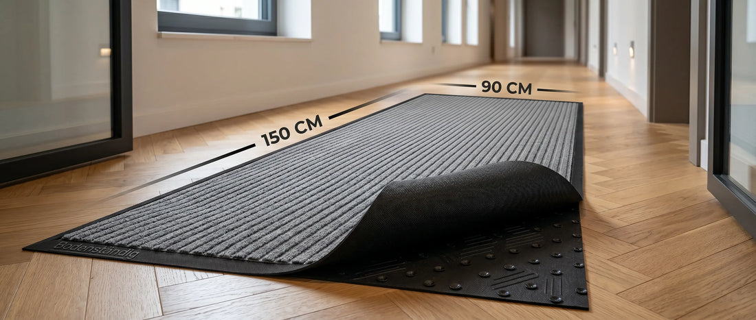 Schmutzfangmatte in Grau mit den Maßen 90x150 cm auf Parkettboden im Flur, umgeklappte Ecke zeigt die rutschfeste Noppen-Unterseite.