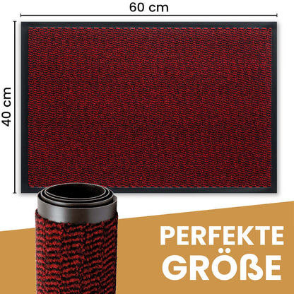 Rote Fussmatte mit rutschfester Unterseite, dargestellt in perfekter Groesse fuer den Aussenbereich