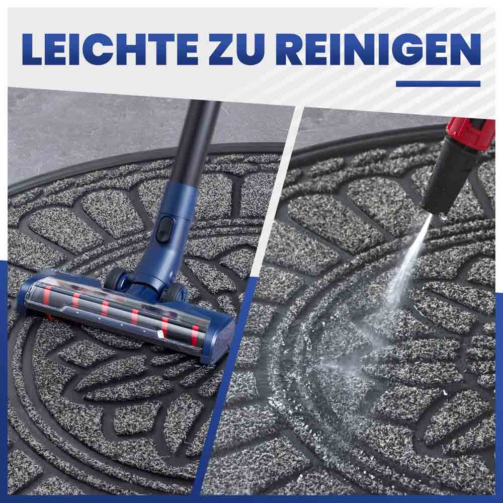 Leichte Reinigung: Halbrunde Fußmatte wird mit Staubsauger und Hochdruckreiniger gesäubert.