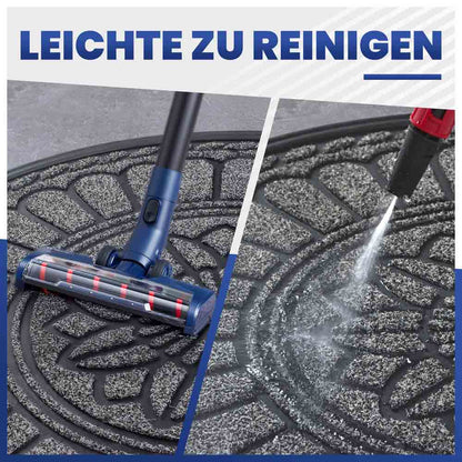Leichte Reinigung: Halbrunde Fußmatte wird mit Staubsauger und Hochdruckreiniger gesäubert.