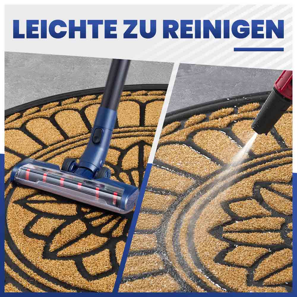 Leichte Reinigung: Halbrunde beige Fußmatte wird mit Staubsauger und Hochdruckreiniger gesäubert.