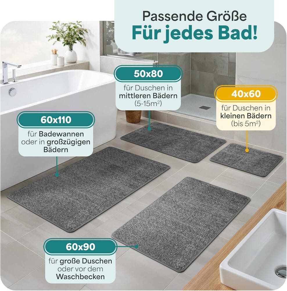 Verschiedene Groessen grauer Badematten im Badezimmer gezeigt, passend fuer Dusche, Wanne und kleine bis grosse Raeume zur optimalen Badgestaltung