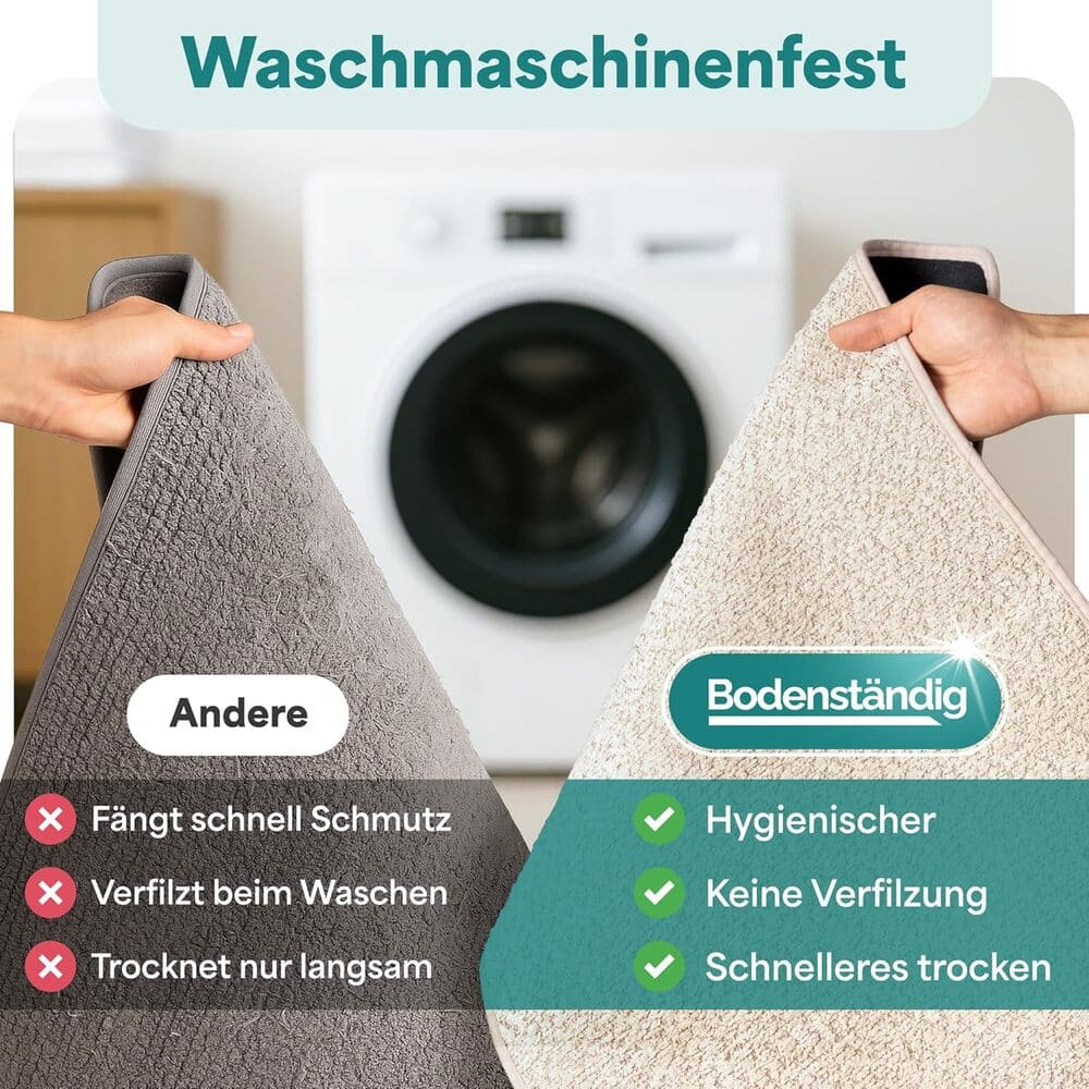 Vergleich zwischen beiger Bodenstaendig Badematte und anderer Matte, gezeigt mit Vorteilen wie hygienisch, keine Verfilzung und schnelles Trocknen