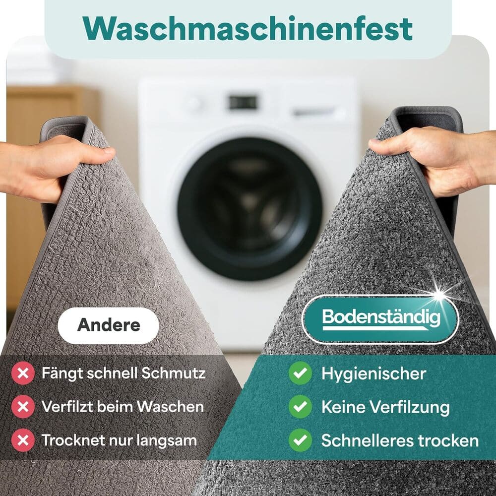 Vergleich zwischen grauer Bodenstaendig Badematte und anderer Matte, gezeigt mit Vorteilen wie hygienisch, keine Verfilzung und schnelles Trocknen