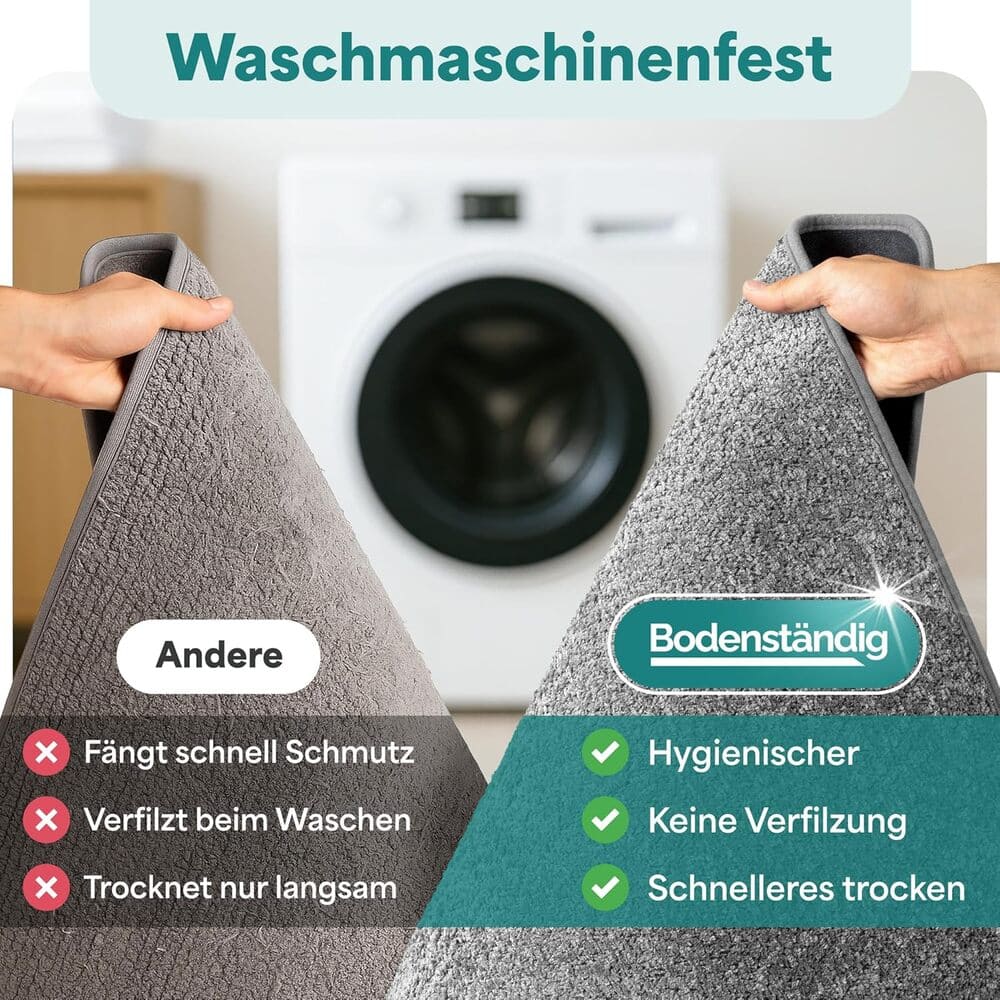 Vergleich zwischen hellgrauer Bodenstaendig Badematte und anderer Matte, gezeigt mit Vorteilen wie keine Verfilzung und schnelles Trocknen