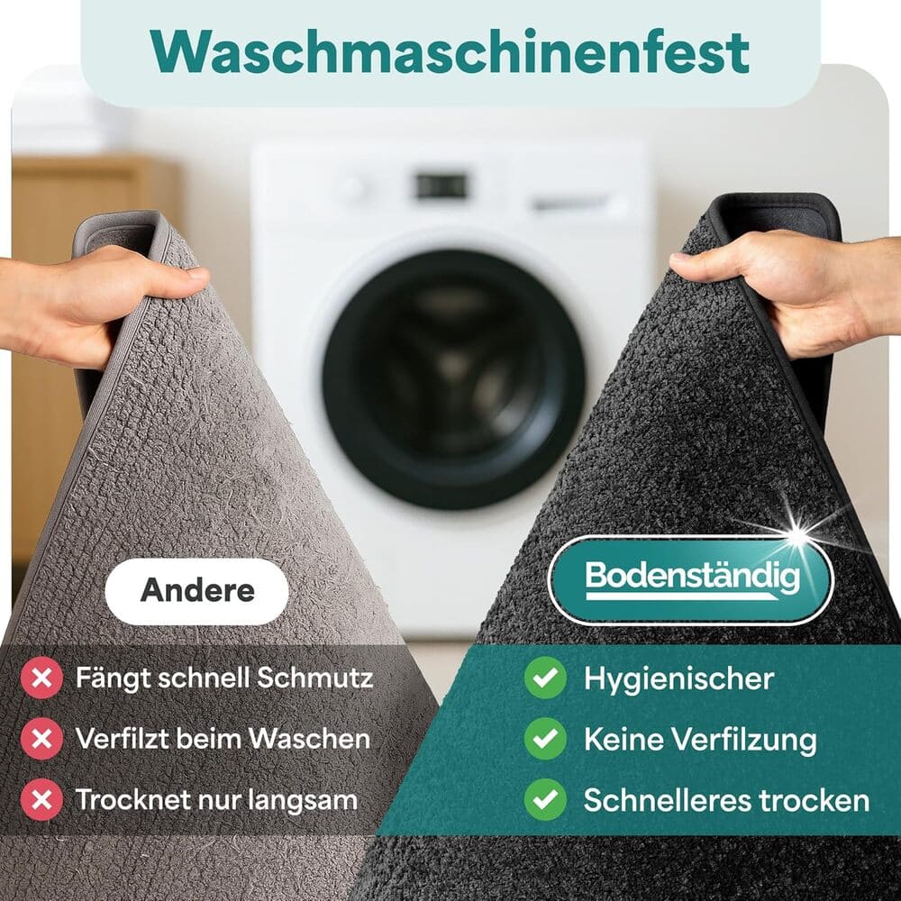 Vergleich zwischen grauer Bodenstaendig Badematte und anderer Matte, gezeigt mit Vorteilen wie hygienisch, keine Verfilzung und schnelles Trocknen