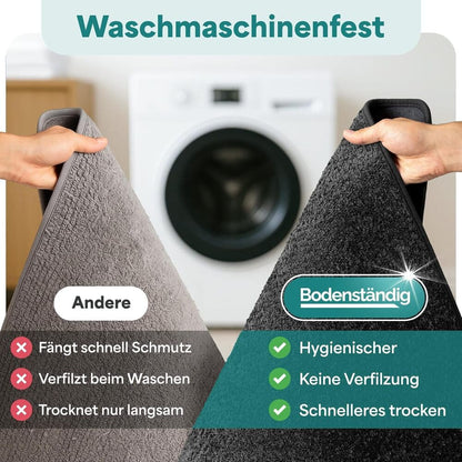 Vergleich zwischen grauer Bodenstaendig Badematte und anderer Matte, gezeigt mit Vorteilen wie hygienisch, keine Verfilzung und schnelles Trocknen