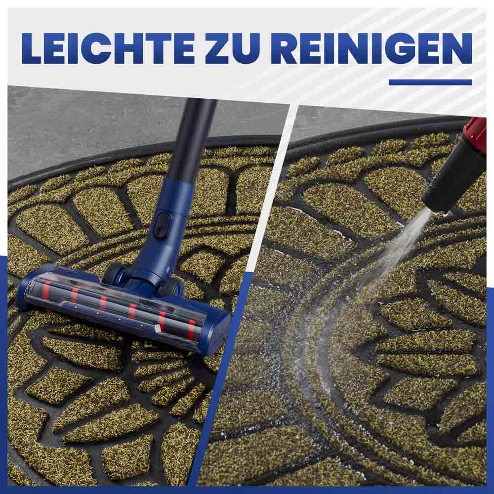 Leichte Reinigung: Halbrunde beige Fußmatte wird mit Staubsauger und Hochdruckreiniger im Außenbereich gesäubert.