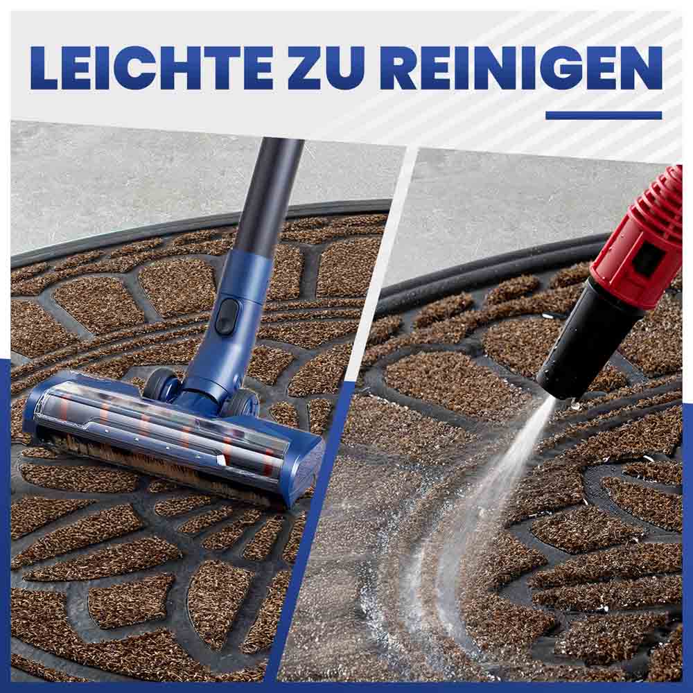 Halbrunde braune Fußmatte wird mit Staubsauger und Hochdruckreiniger im Außenbereich gesäubert.