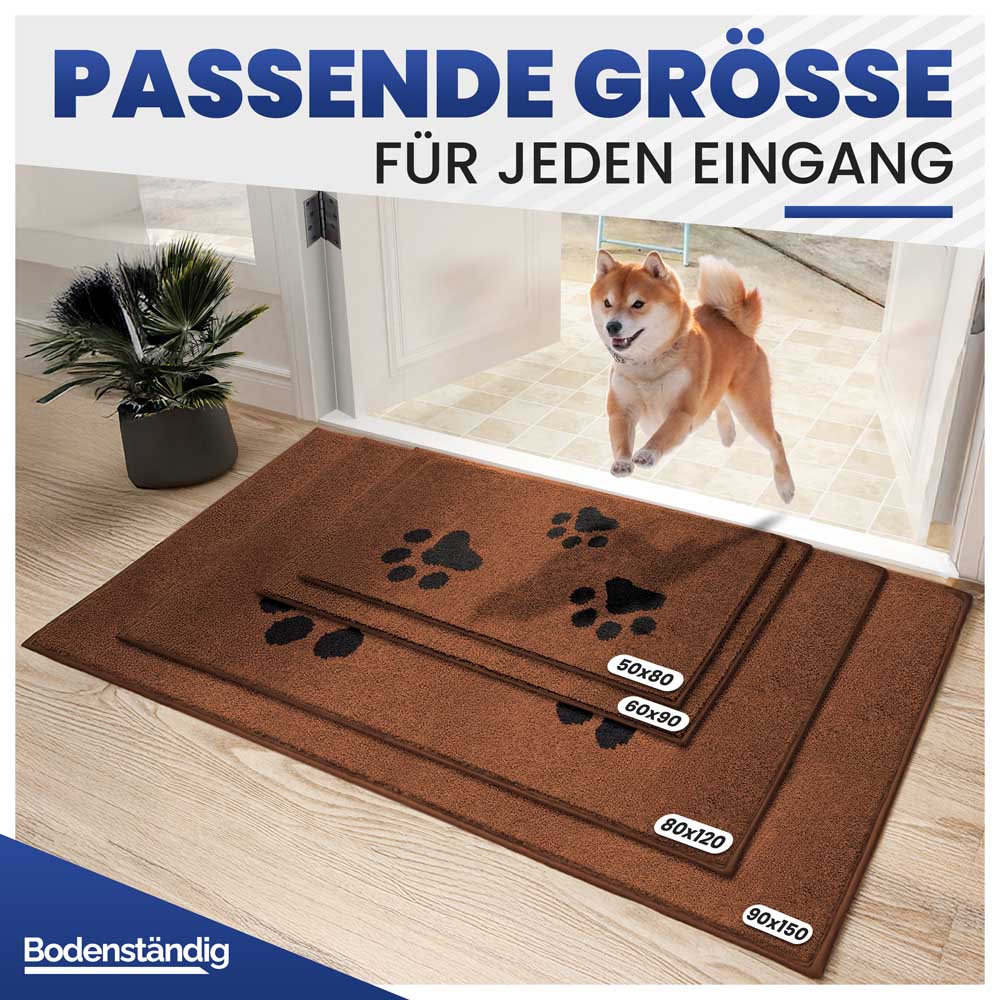 Braune Schmutzfangmatte mit Pfotenmuster in vier Größen (50x80 bis 90x150 für jeden Eingangsbereich.