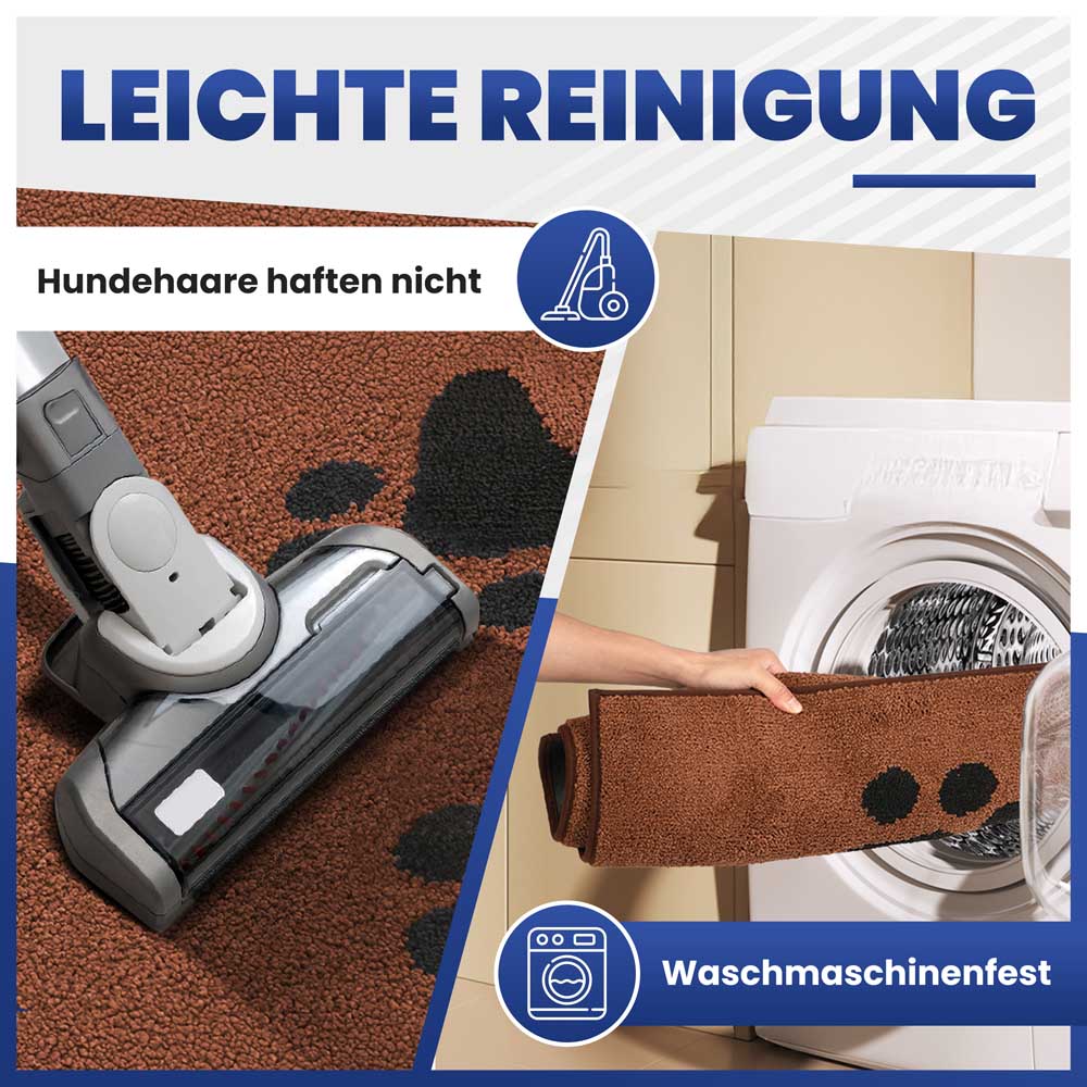 Leichte Reinigung: Braune, waschmaschinenfeste Schmutzfangmatte, die Hundehaare nicht haften lässt und leicht zu saugen ist.