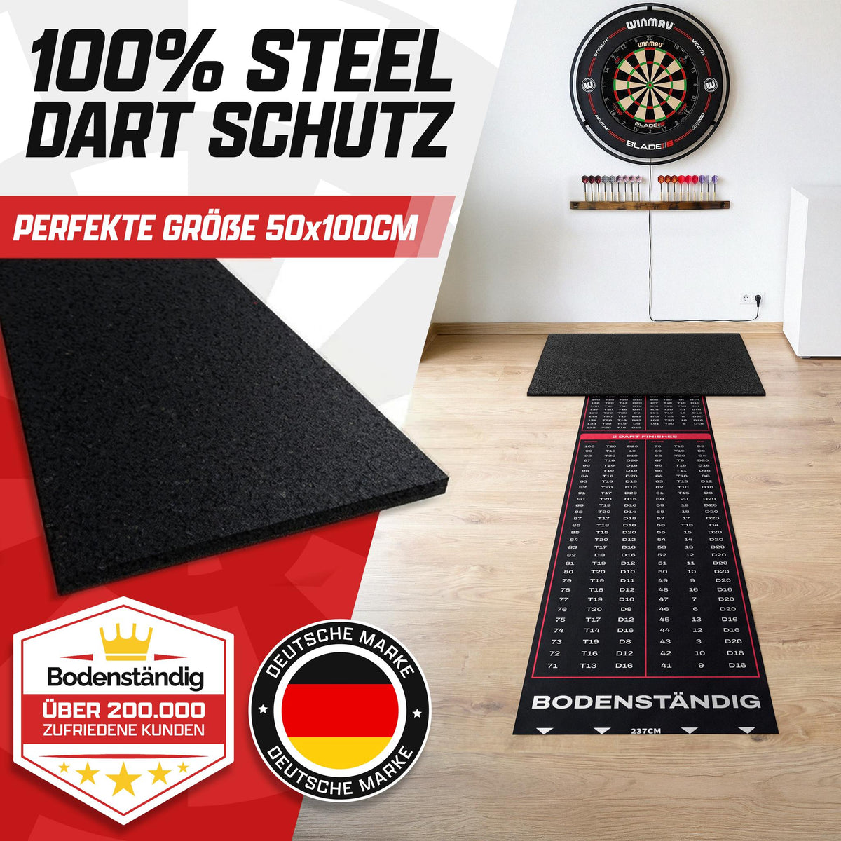 Schwarze Bodenschutzmatte vor der Dartmatte im Wohnraum, Text: 100% Steel Dart Schutz, perfekte Größe 50x100 cm
