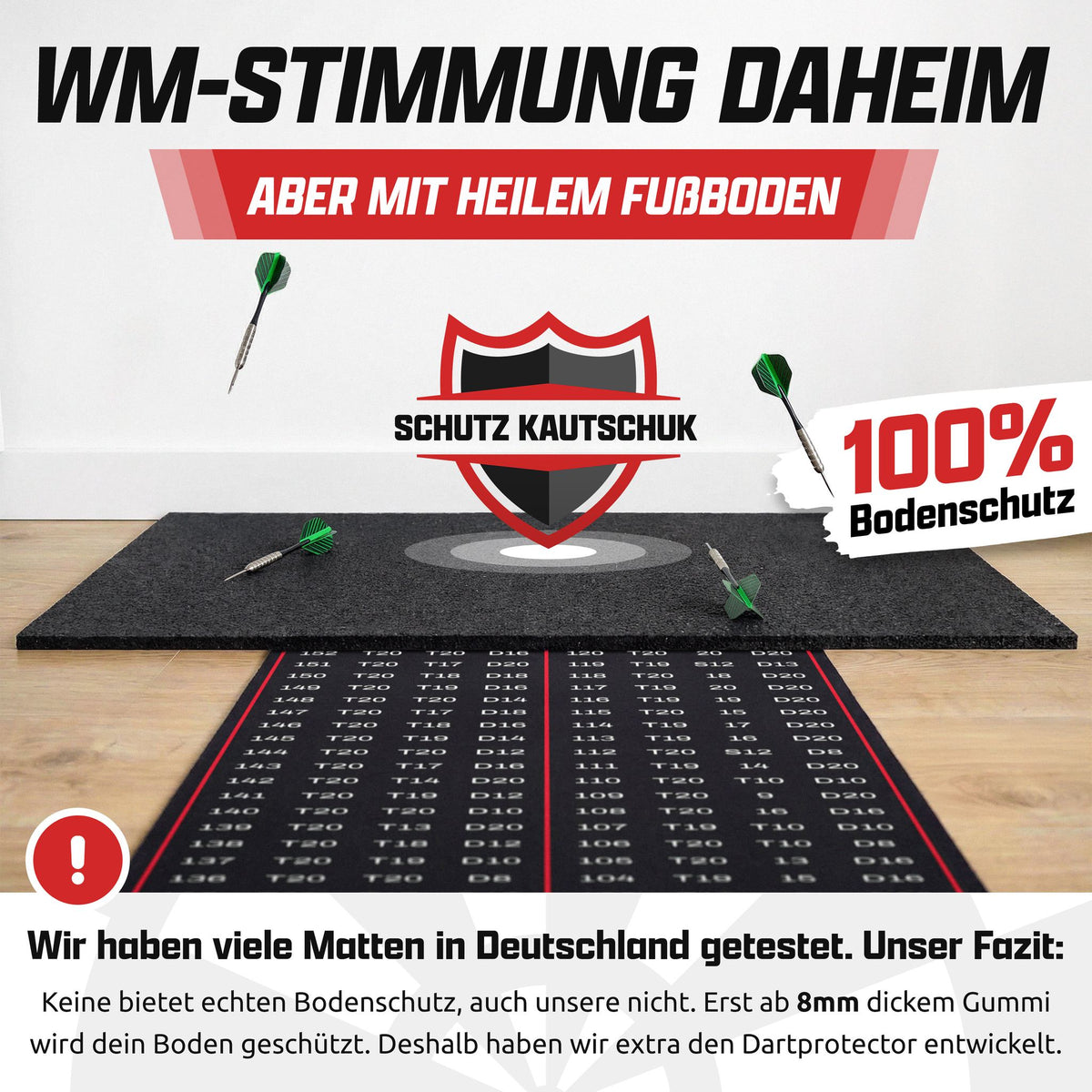 Schwarze Gummimatte als Bodenschutz am Wurfplatz mit Darts, Text: WM-Stimmung daheim, aber mit heilem Fußboden