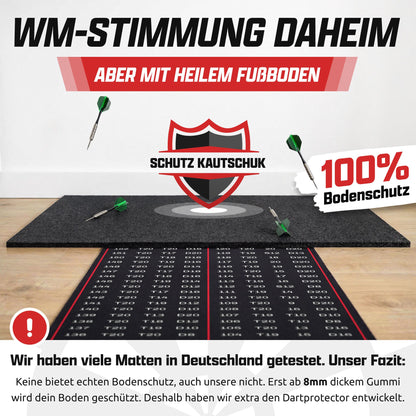 Schwarze Gummimatte als Bodenschutz am Wurfplatz mit Darts, Text: WM-Stimmung daheim, aber mit heilem Fußboden
