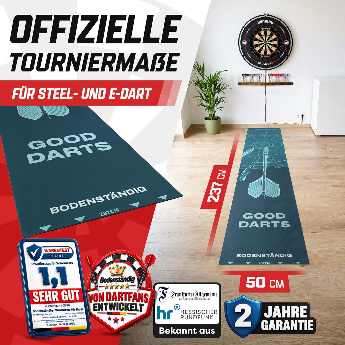 Dartteppich mit Abwurflinie 237 x 50 cm, rutschfeste Dartmatte – Bild 2