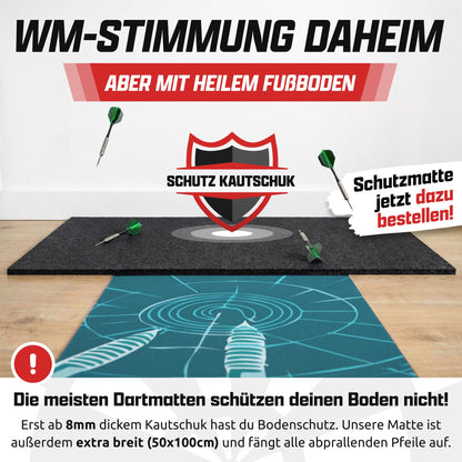 Petrolfarbene Dartmatte vor schwarzer Kautschuk-Schutzmatte mit Dartpfeilen, Text: WM-Stimmung daheim mit heilem Fußboden