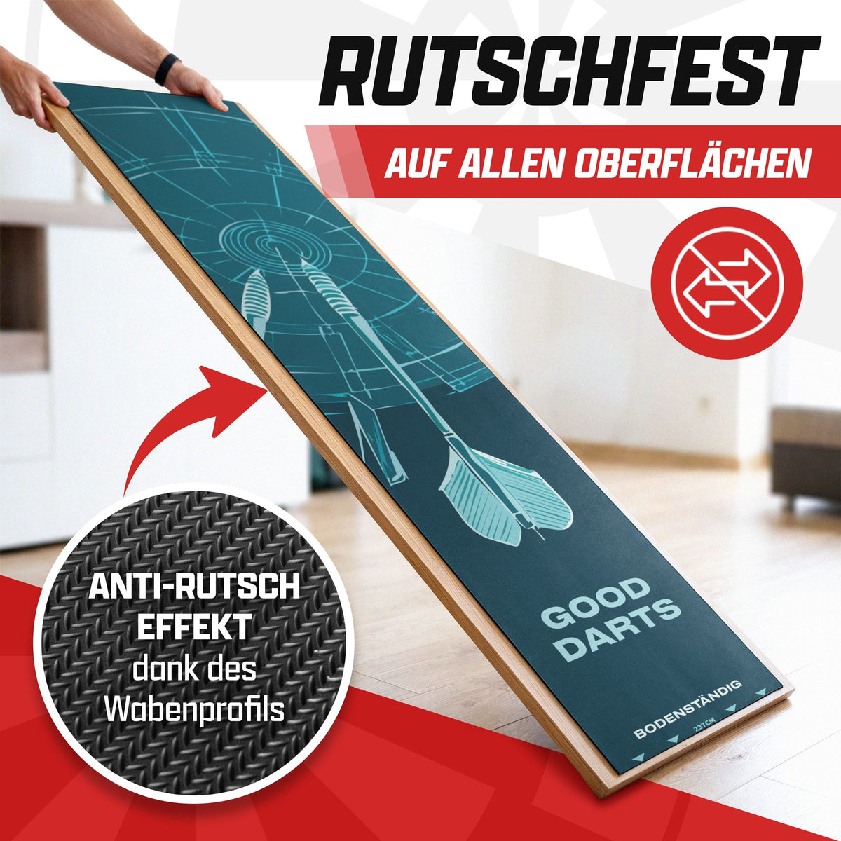 Petrolfarbener Dartteppich, schräg aufgestellt, mit Nahaufnahme des Wabenprofils, Text: Rutschfest auf allen Oberflächen