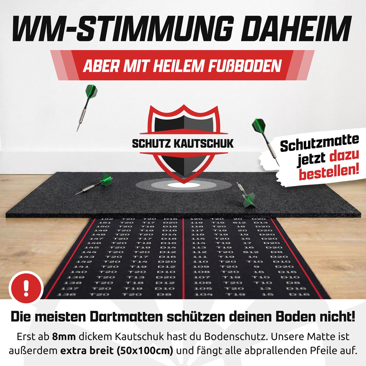 Schwarze Dartmatte mit Checkout-Tabelle vor einer Gummi-Schutzmatte auf Parkett, Text: WM-Stimmung daheim mit heilem Fußboden