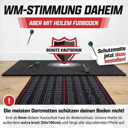Schwarze Dartmatte mit Checkout-Tabelle vor einer Gummi-Schutzmatte auf Parkett, Text: WM-Stimmung daheim mit heilem Fußboden