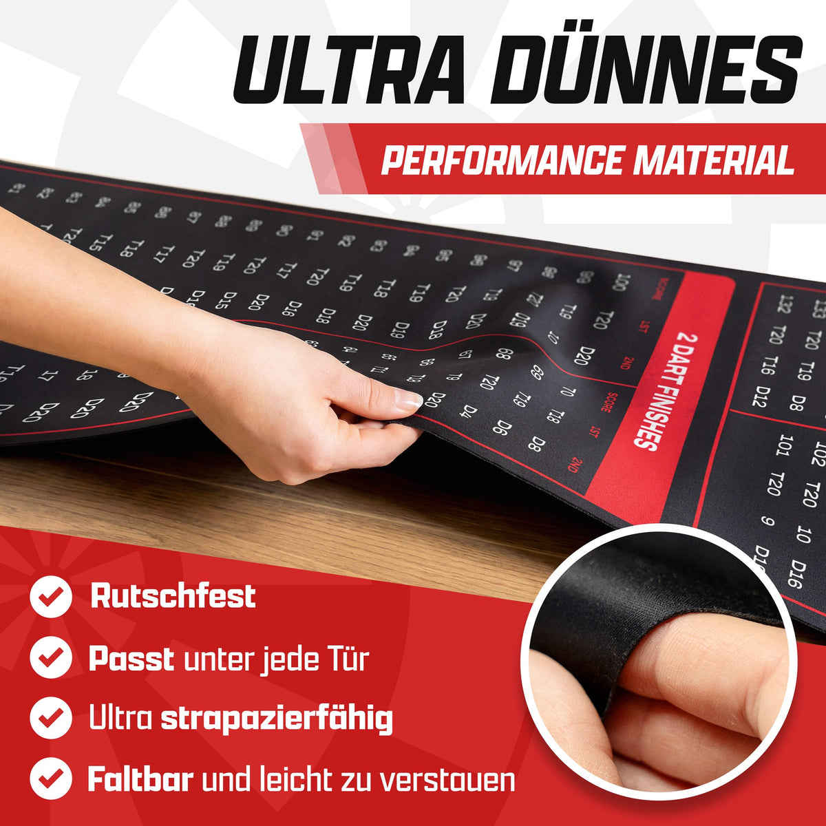 Hand hebt die ultradünne schwarze Dartmatte mit roten Checkout-Tabellen an, daneben Vorteile wie rutschfest und faltbar