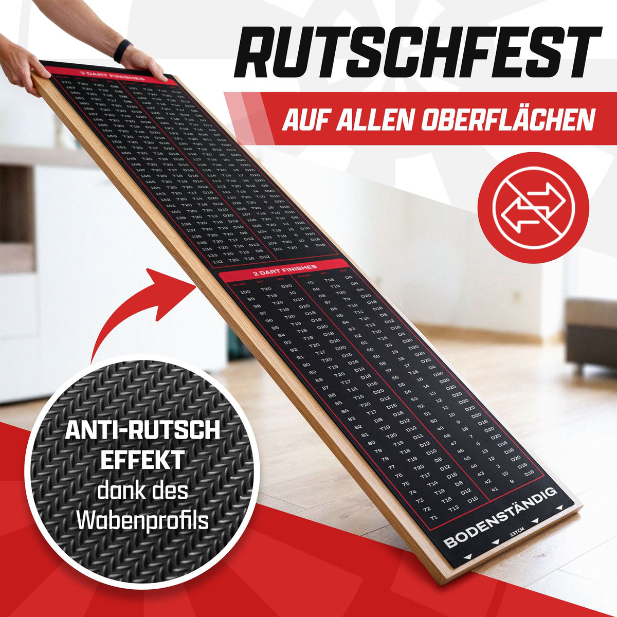 Schräg aufgestellte schwarze Dartmatte mit Checkout-Tabelle, Detail der Wabenstruktur der Unterseite für rutschfesten Halt