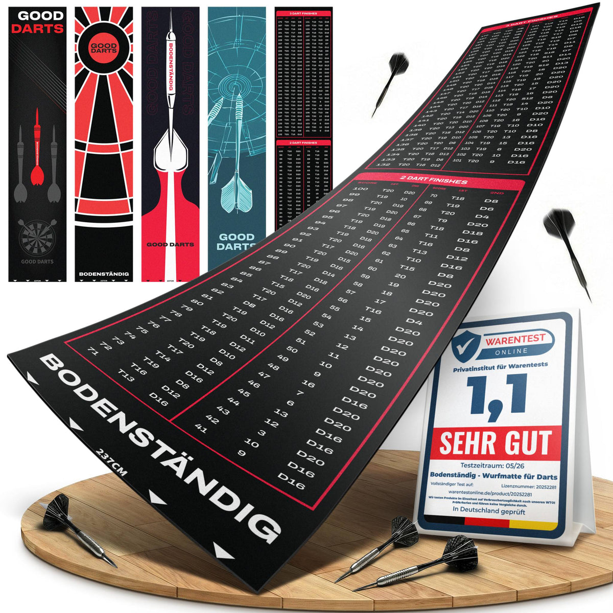 Schwarze Dartmatte mit roter Checkout-Tabelle, Darts, Designauswahl und Siegel Warentest 1,1 Sehr gut