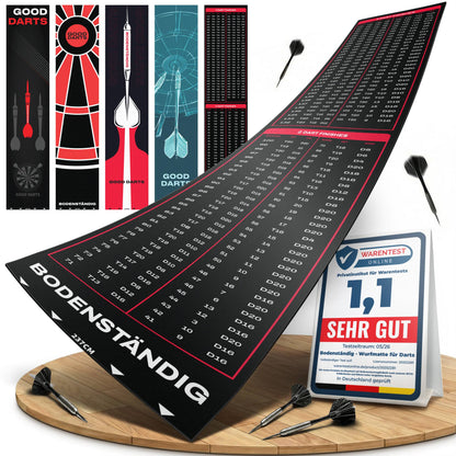 Schwarze Dartmatte mit roter Checkout-Tabelle, Darts, Designauswahl und Siegel Warentest 1,1 Sehr gut