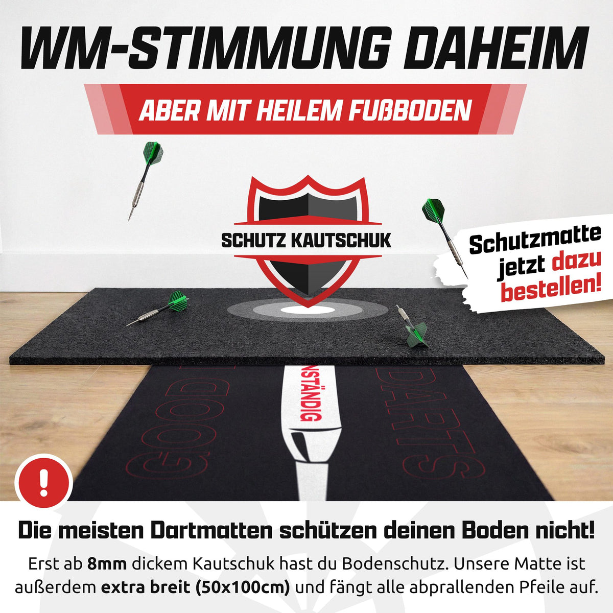 Schwarze Dartmatte mit Good-Darts-Motiv vor dicker Gummi-Schutzmatte auf Parkett, Text: WM-Stimmung daheim