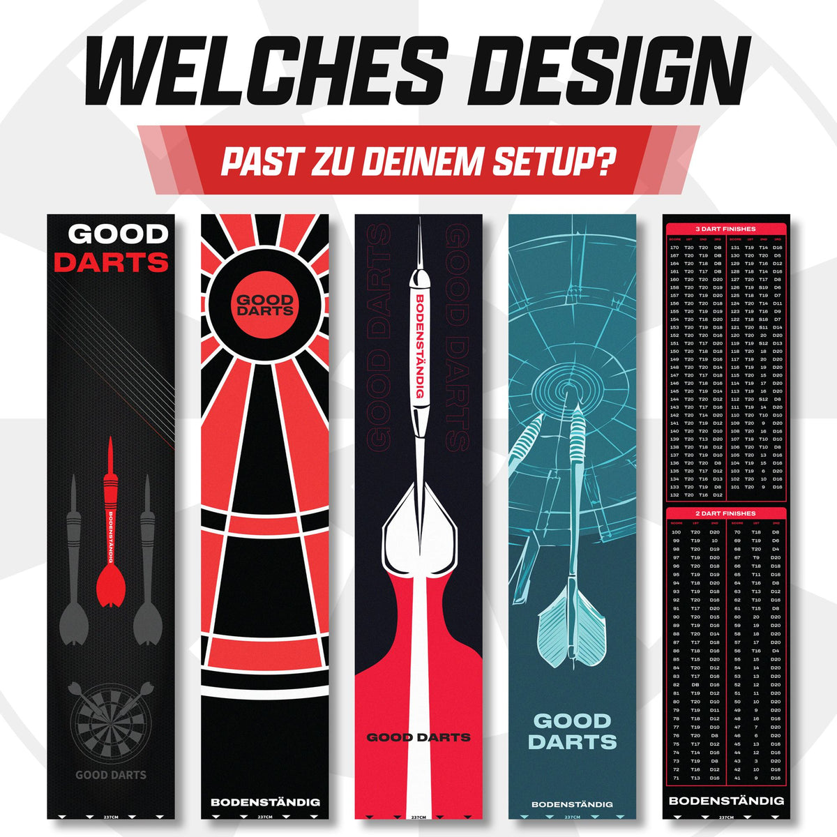 Fünf Dartteppiche nebeneinander: Dartpfeil in Schwarz-Rot, Dartscheibe, Blueprint in Blaugrün und Checkout mit Zahlentabelle