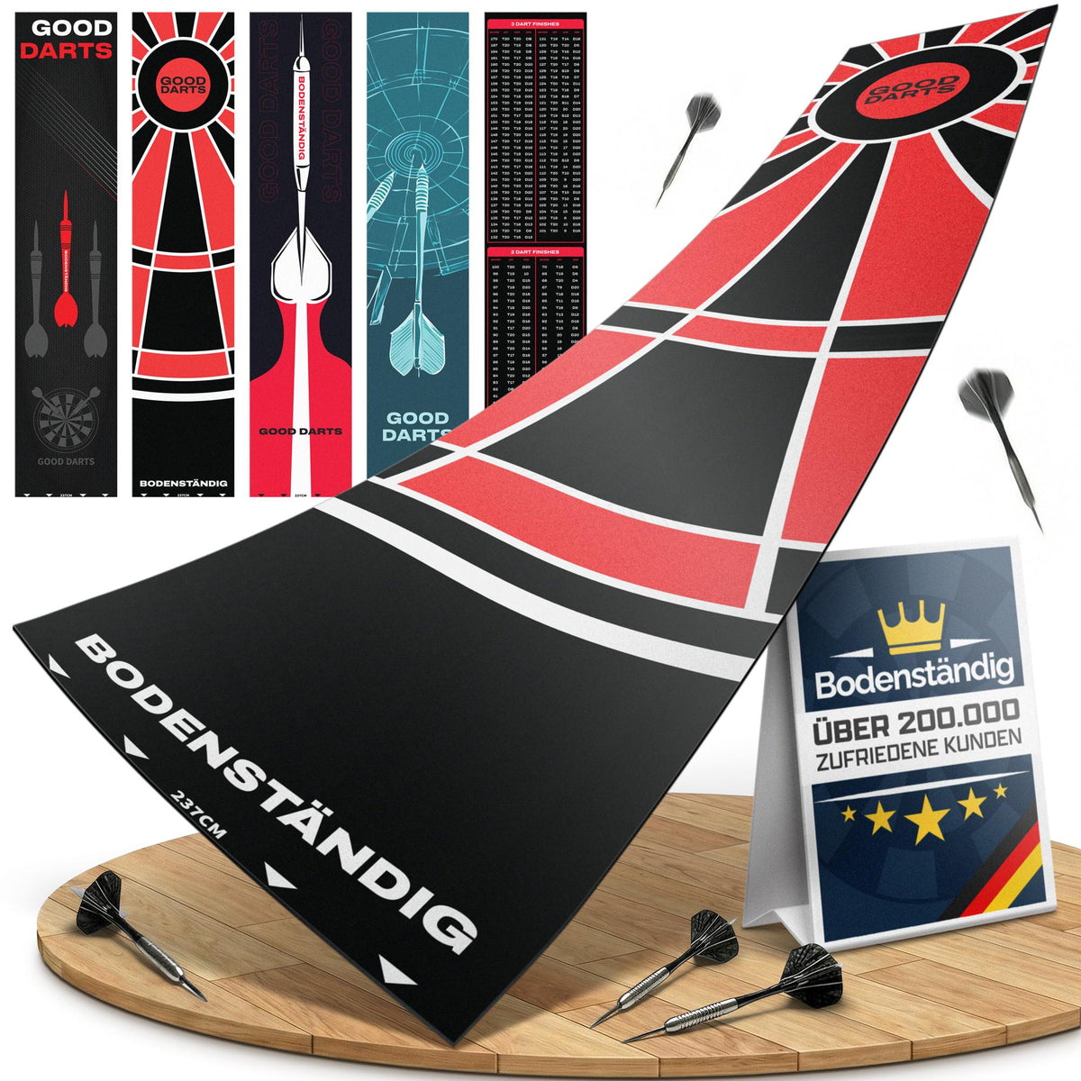 Rot-schwarzer Dartteppich Bodenständig, 237 cm, mit fünf Designs und Darts auf Holzfläche, über 200.000 Kunden