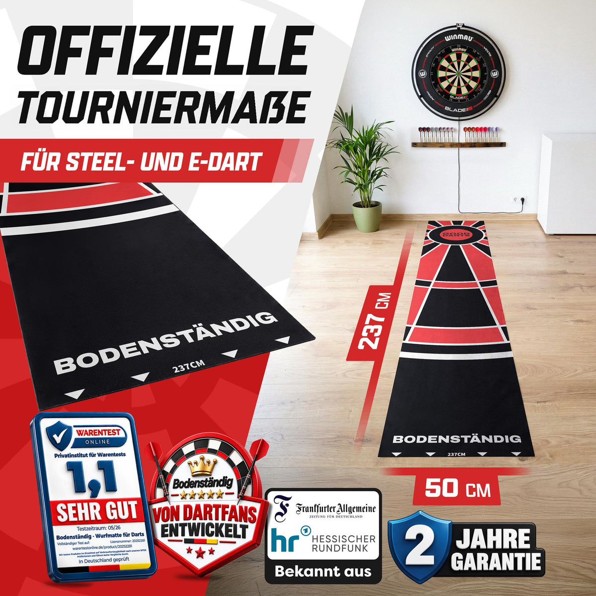 Dartteppich mit Abwurflinie 237 x 50 cm, rutschfeste Dartmatte – Bild 27