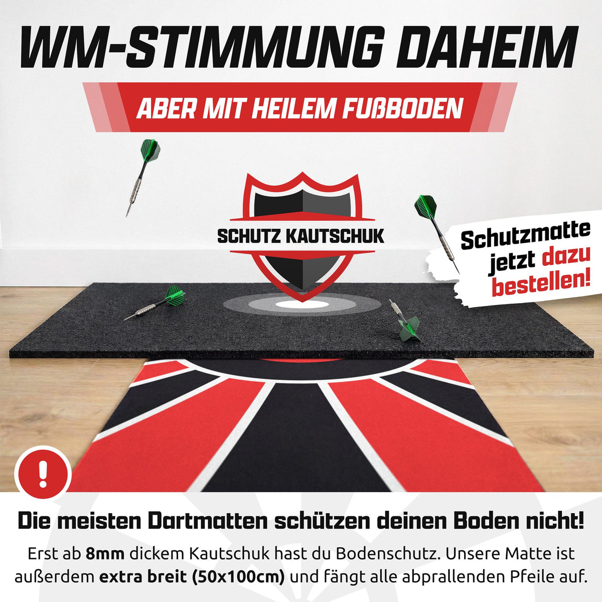 Dartteppich in Rot und Schwarz mit Kautschuk-Schutzmatte und Darts, Text: WM-Stimmung daheim mit heilem Fußboden