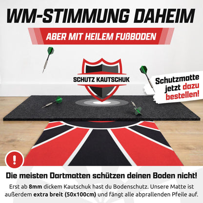 Dartteppich in Rot und Schwarz mit Kautschuk-Schutzmatte und Darts, Text: WM-Stimmung daheim mit heilem Fußboden
