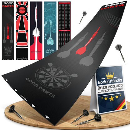 Schwarzer Dartteppich mit Dartpfeilen und Dartscheibe, daneben vier weitere Designs, Darts und Schild über 200.000 Kunden
