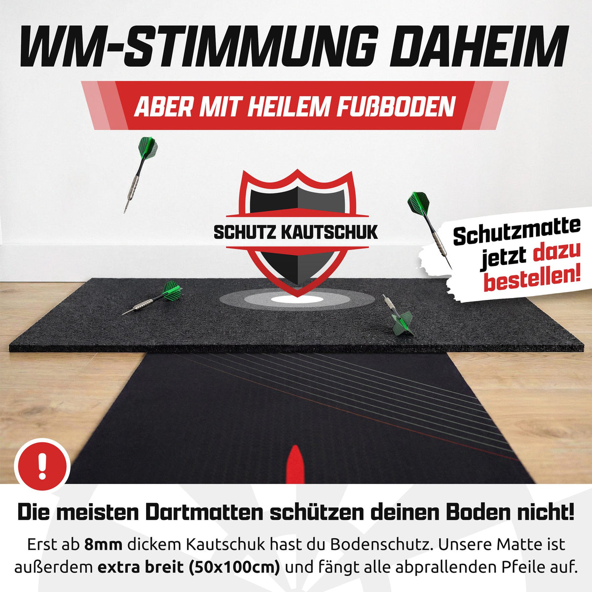 Schwarze Dartmatte liegt vor dicker Schutzmatte aus Kautschuk auf Holzboden, daneben Dartpfeile, Text: Heiler Fußboden