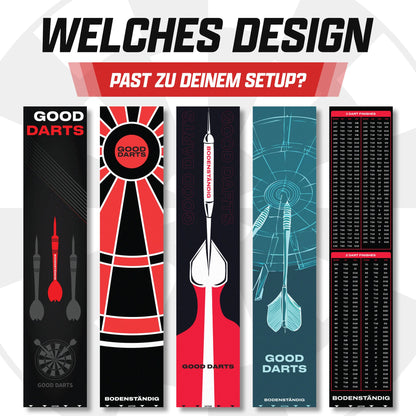 Fünf Dartteppich-Designs nebeneinander: Good Darts schwarz, rot mit Dartscheibe, Dartpfeil, blau und Finish-Tabelle