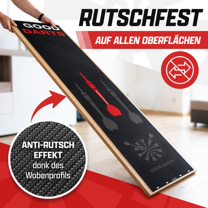 Schräg gehaltener schwarzer Dartteppich mit Dartpfeilen, Detail des Wabenprofils als Anti-Rutsch-Effekt, Text: Rutschfest