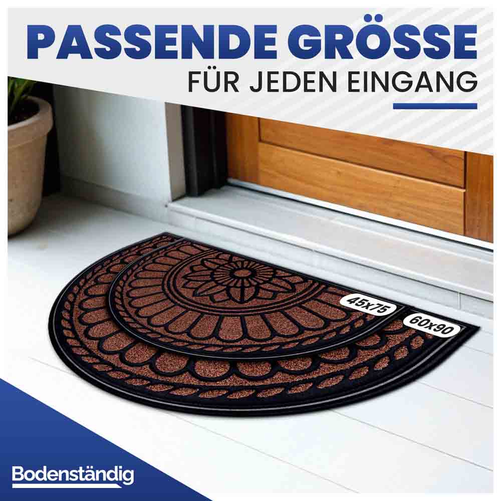 Halbrunde Eingangsmatte mit Blumenmuster, erhältlich in zwei gängigen Größen (45x75 und 60x90) für jeden Eingang.
